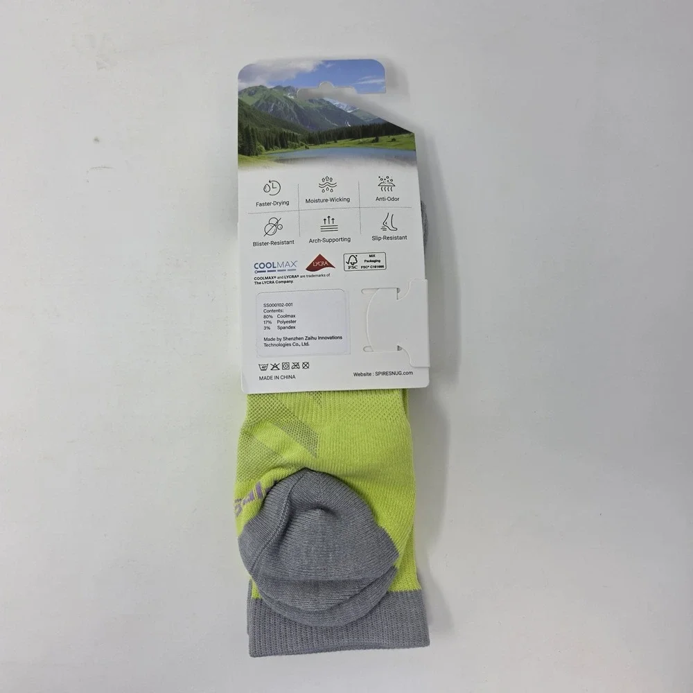 New! SpireSnug Crew Targeted Cushion Coolmax Hiking Socks Neon Yellow Gray Large